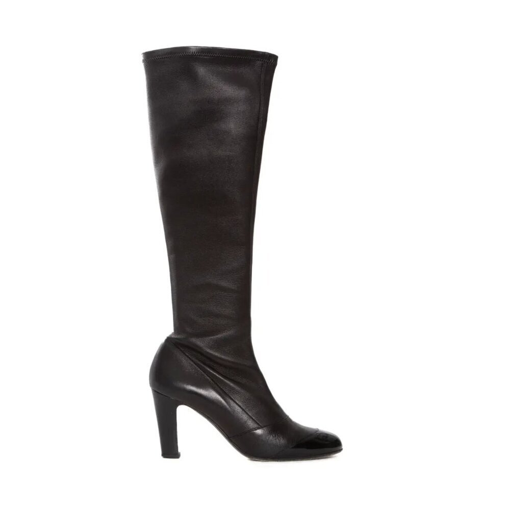 Chanel Heeled Boots Lambskin Tall Boots Cap Round Toe Patent Leather Black EU 38